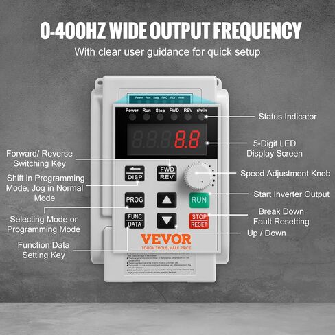 VEVOR VFD 10HP، 7.5KW، 34A، مرحلة واحدة 220 فولت - 240 فولت مدخل إلى 3 مراحل 220 فولت - 240 فولت محرك تردد متغير، 0-400 هرتز VFD للتحكم في سرعة محرك التيار المتردد in Kuwait