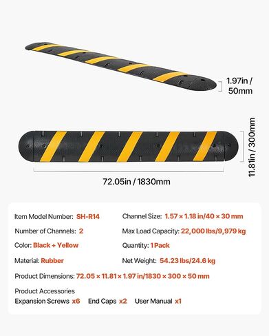 VEVOR 40 in Rubber Speed Bump, 2 Pack, 2 Channel Heavy Duty Traffic Speed Hump, 22000 lbs/Axle Load Capacity, Cable Protector Ramp with Expansion Screws, for Asphalt Concrete Gravel Driveway and Road in Kuwait