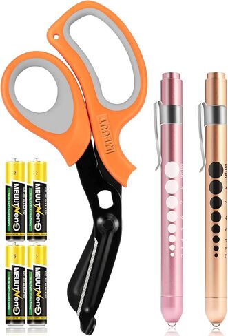 MEUUT 3 عبوات من مقصات Penlight ومقص طبي - مقص واحد للصدمات حاصل على براءة اختراع مقاس 8 بوصات، واثنين من مصابيح LED مع أربع بطاريات - مقص ضمادة لـ - الممرضة، الإسعافات الأولية، EMT، الطبيب in Kuwait