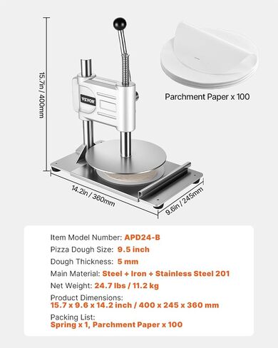 VEVOR Manual Pizza Dough Press Machine, 9.5 inch Pizza Pastry Press Plate, Stainless Steel Bread Presser, Commercial Chapati Sheet Crust Maker, Forming Machine with Handle and 100 Pcs Parchment Paper in Saudi Arabia