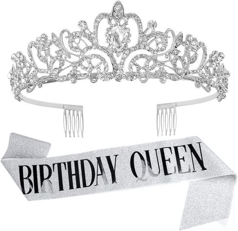 AOPRIE Birthday Queen Sash for Women Birthday Tiara & Crowns for Girls Happy Birthday Accessories Favor Supllies Silver Shrink, 2 Pack in Kuwait