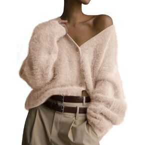 COZYPOIN Womens Fuzzy Mohair Cardigan Open Front Button Down V Neck Long Sleeve Sweater Slouchy Drop Shoulder Knit Coat in Kuwait