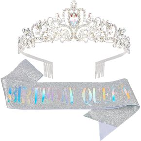 AOPRIE Birthday Queen Sash Headbands for Women & Girls, Silver Metal & Rhinestone Tiara Set, 2 Pack in Kuwait