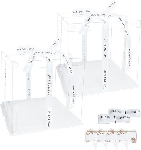 Clear Cake Box, 2 Pcs Transparent Cake Carrier Box with Lids, 8'' PET Cake Packaging Boxes with Ribbon Gift Card for Pastries, Clear Gift Boxes for Birthday, Wedding and Festival Party, White. in Kuwait