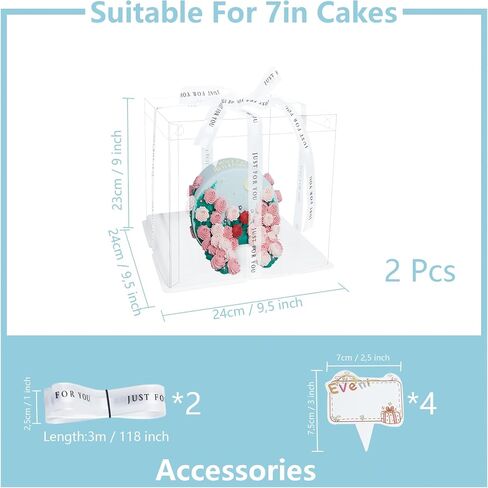 Clear Cake Box, 2 Pcs Transparent Cake Carrier Box with Lids, 8'' PET Cake Packaging Boxes with Ribbon Gift Card for Pastries, Clear Gift Boxes for Birthday, Wedding and Festival Party, White. in Kuwait