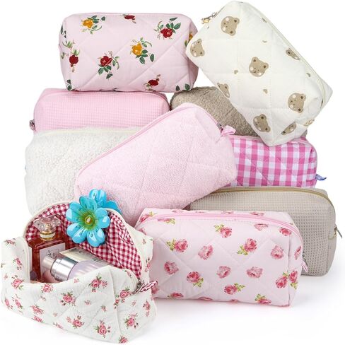 Paterr 10 Pcs Cotton Quilted Makeup Bag Bulk Floral Cosmetic Pouch Gingham Make up Bag Coquette Aesthetic Makeup Pouch with Zipper Travel Portable Case Preppy Gifts for Women(Classic Style) in Kuwait