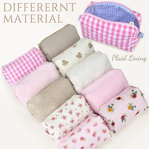 Paterr 10 Pcs Cotton Quilted Makeup Bag Bulk Floral Cosmetic Pouch Gingham Make up Bag Coquette Aesthetic Makeup Pouch with Zipper Travel Portable Case Preppy Gifts for Women(Classic Style) in Kuwait