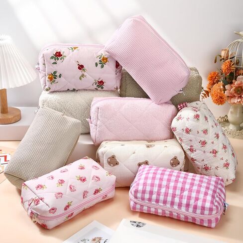 Paterr 10 Pcs Cotton Quilted Makeup Bag Bulk Floral Cosmetic Pouch Gingham Make up Bag Coquette Aesthetic Makeup Pouch with Zipper Travel Portable Case Preppy Gifts for Women(Classic Style) in Kuwait