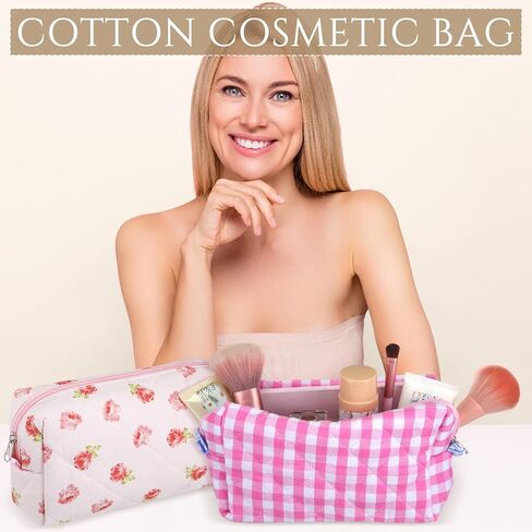 Paterr 10 Pcs Cotton Quilted Makeup Bag Bulk Floral Cosmetic Pouch Gingham Make up Bag Coquette Aesthetic Makeup Pouch with Zipper Travel Portable Case Preppy Gifts for Women(Classic Style) in Kuwait
