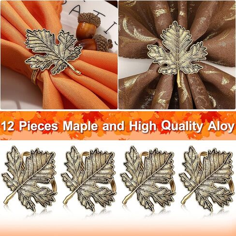 Patelai 12 Pcs Bronze Thanksgiving Fall Napkin Ring Set Including Maple Leaf and Pumpkin Napkin Rings Vintage Fall Napkin Holders for Autumn Holiday Halloween Wedding Supplies Table Settings in Kuwait