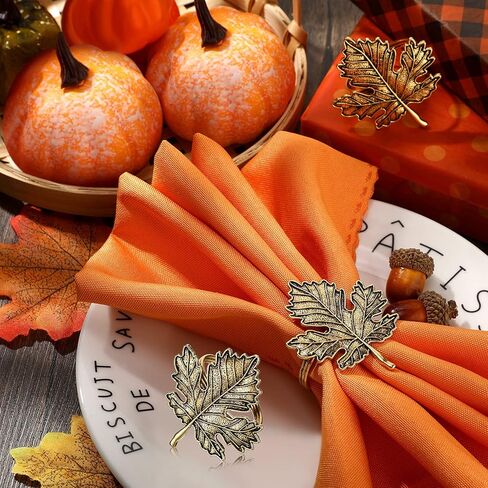 Patelai 12 Pcs Bronze Thanksgiving Fall Napkin Ring Set Including Maple Leaf and Pumpkin Napkin Rings Vintage Fall Napkin Holders for Autumn Holiday Halloween Wedding Supplies Table Settings in Kuwait