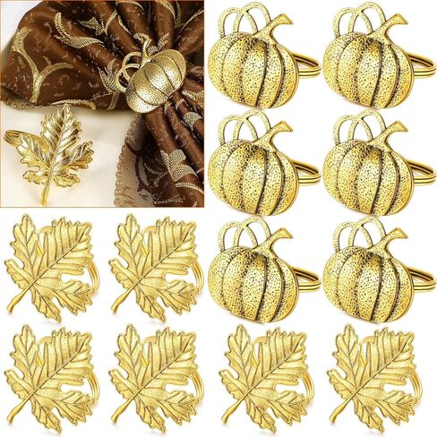Patelai 12 PCS برونزية عيد الشكر مجموعة حلقة منديل الخريف بما في ذلك أوراق القيقب واليقطين من منديل خمر حاملي منديل الخريف لعطلة الخريف هالوين لوازم الزفاف إعدادات الجدول in Kuwait