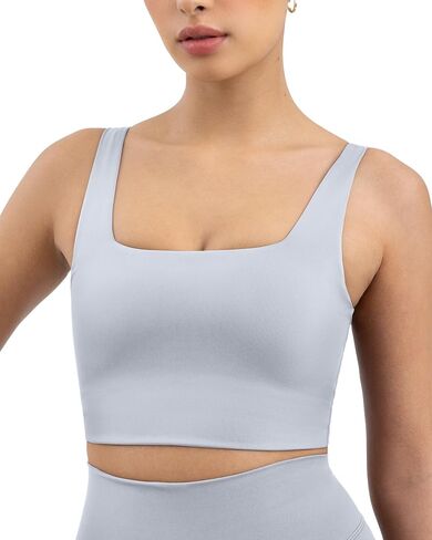 PAVOI ACTIVE Compression Sports Bras for Women | Medium Support Square Neck Longline Workout Bra Removable Pads | HiPerform | Large, Moss in Kuwait