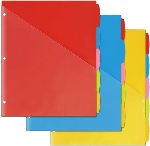2 Sets 5-Tab Dividers with Front Clear Pocket, Plastic 3 Ring Binder Dividers for Letter Size (9.4 x 11.6 Inches), Assorted Colors (Blue, Red, Yellow, Green, Purple) in Saudi Arabia