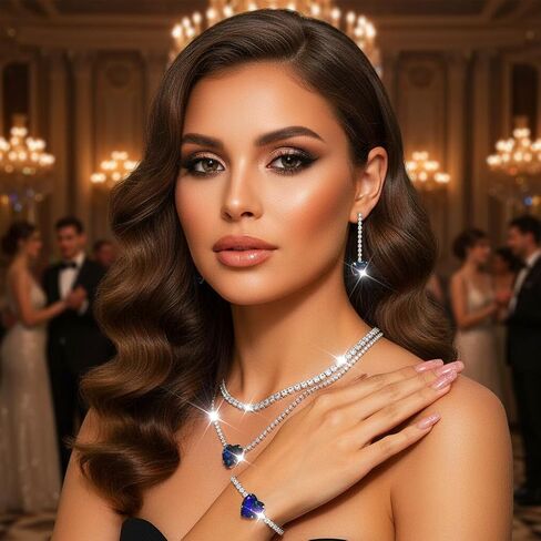 Aukmla Women Bridal Wedding Jewelry Set Silver Crystal Heart Pendant Necklace Earring Bracelet Sets Prom Layered Necklaces in Saudi Arabia