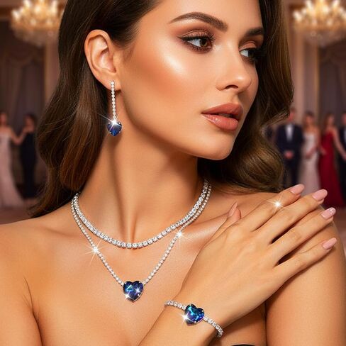 Aukmla Women Bridal Wedding Jewelry Set Silver Crystal Heart Pendant Necklace Earring Bracelet Sets Prom Layered Necklaces in Saudi Arabia