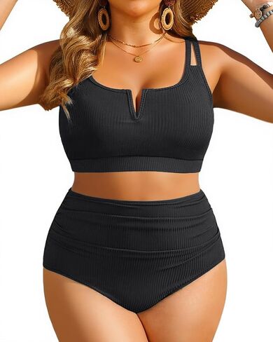 Women Plus Size High Waisted Bikini - Ribbed Two Piece Swimsuit Tummy Control Bathing Suit V-Wired 2025 Swimwear in Saudi Arabia