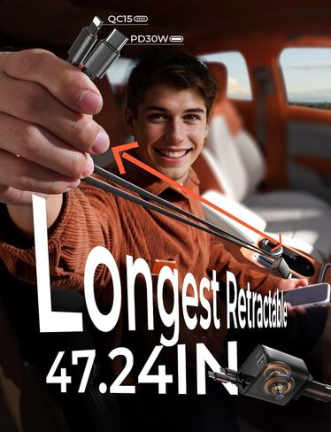 LISEN Retractable Car Charger [69W USB C Car Charger Adapter] iPhone 16 Car Charger Fast Charging, Fast Charging Car Charger, Type C Retractable Car Charger for iPhone 16 15 14 13 12, Samsung, Black in Kuwait