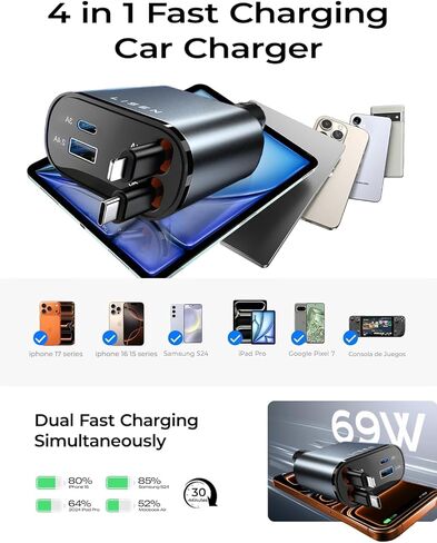 LISEN Retractable Car Charger [69W USB C Car Charger Adapter] iPhone 16 Car Charger Fast Charging, Fast Charging Car Charger, Type C Retractable Car Charger for iPhone 16 15 14 13 12, Samsung, Black in Kuwait