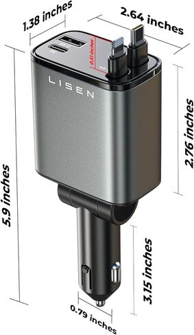 LISEN Retractable Car Charger [69W USB C Car Charger Adapter] iPhone 16 Car Charger Fast Charging, Fast Charging Car Charger, Type C Retractable Car Charger for iPhone 16 15 14 13 12, Samsung, Black in Kuwait