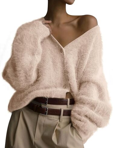 COZYPOIN Womens Fuzzy Mohair Cardigan Open Front Button Down V Neck Long Sleeve Sweater Slouchy Drop Shoulder Knit Coat in Kuwait