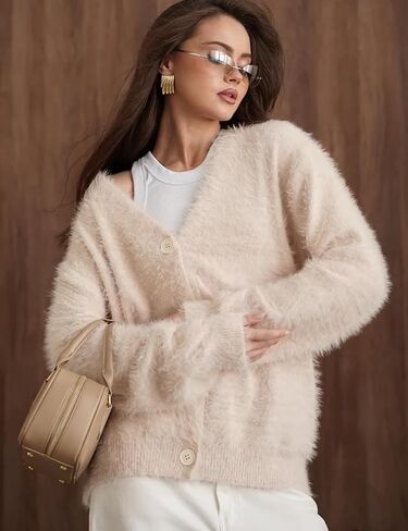 COZYPOIN Womens Fuzzy Mohair Cardigan Open Front Button Down V Neck Long Sleeve Sweater Slouchy Drop Shoulder Knit Coat in Kuwait