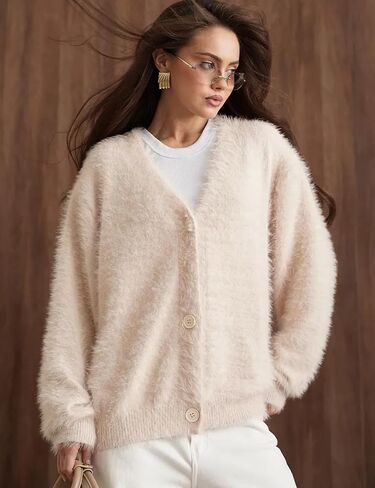COZYPOIN Womens Fuzzy Mohair Cardigan Open Front Button Down V Neck Long Sleeve Sweater Slouchy Drop Shoulder Knit Coat in Kuwait