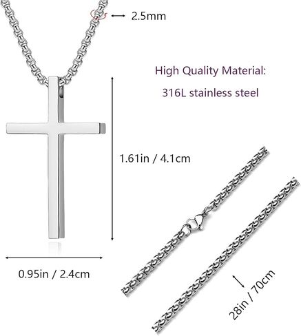 Cross Necklace for Men, Silver Cross Stainless Steel Pendant Necklace, Mens Cross Chain 20 Inch in Saudi Arabia