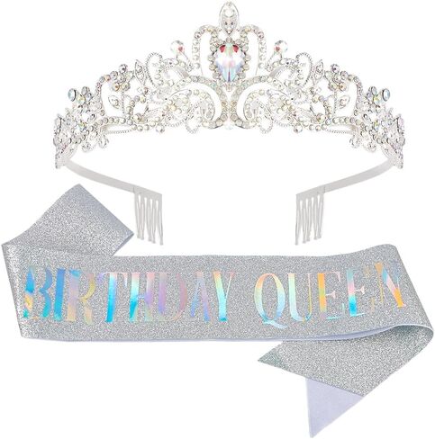 AOPRIE Birthday Queen Sash Headbands for Women & Girls, Silver Metal & Rhinestone Tiara Set, 2 Pack in Kuwait