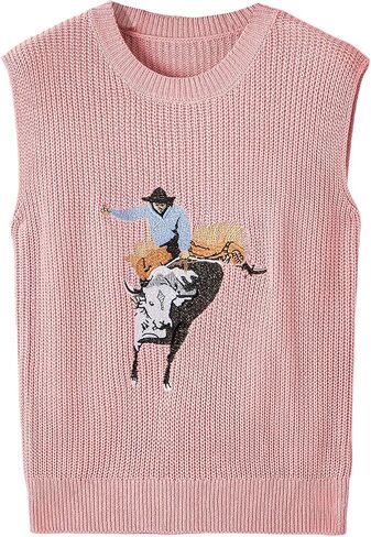 Wdirara Women's Cowboy المطرزة سترة سترة الطاقم رقبة بلا أكمام. in Kuwait