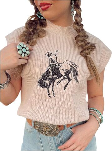 Wdirara Women's Cowboy المطرزة سترة سترة الطاقم رقبة بلا أكمام. in Kuwait