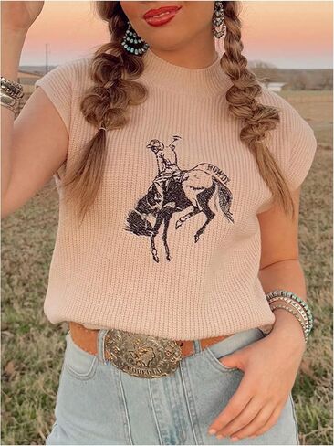 Wdirara Women's Cowboy المطرزة سترة سترة الطاقم رقبة بلا أكمام. in Kuwait