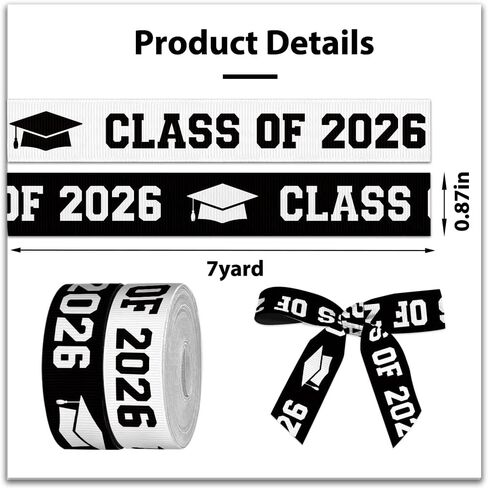 2 Rolls × 7 Yards Class of 2025 Ribbon for Crafting Sewing, 7/8 Inch Black White Grosgrain Ribbons for Gift Wrapping, Senior 2025 Graduation Ribbons for Hair Bow Accessory in Saudi Arabia