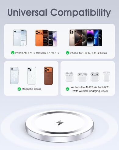 for Apple Mag-Safe Charger 2 Pack, Magnetic Wireless Charger, Silver | Made for iPhone 17/17 Pro/17 Pro Max/Air/16 15 14 13 12 Pro Max Plus mini, Charging Pad for Airpods Pro 3 2,Strong Magnet in Saudi Arabia