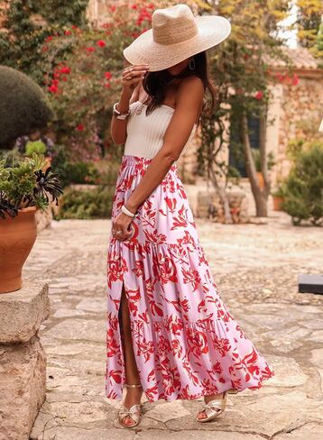 Happy Sailed Skirts for Women Spring Summer Boho Floral Print High Waist Flowy Split A Line Maxi Skirt with Pockets in Saudi Arabia