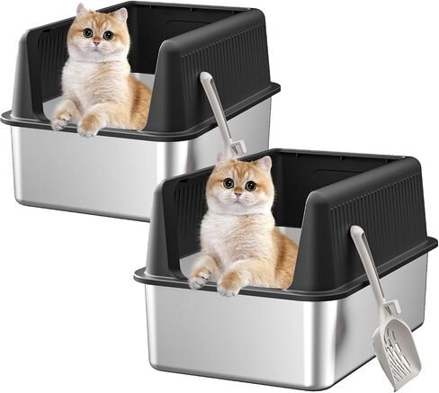 2PACK Stainless Steel Cat Litter Box with Lid,XL,19.7" L x 13.8" W x 11.8"H Deep,Large Metal Litter Box with High Side,for Small and Large Cats,Anti-Leakage Non-Sticky Include Litter Scoop in Saudi Arabia