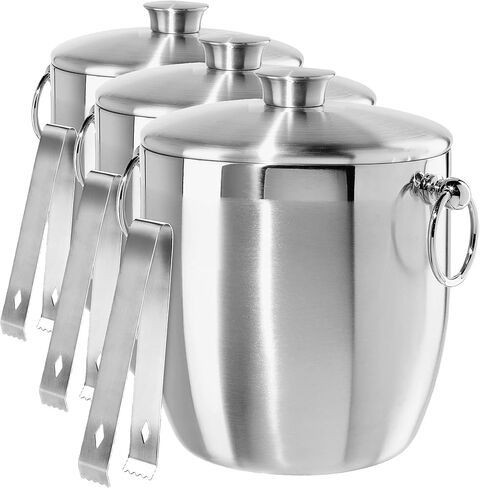 OGGI Double Wall Stainless Steel Ice Bucket - Insulated Ice Bucket with Elegant Steel Lid, Classic Handles & Stainless Steel Ice Tongs - Great for Home Bar, Chilling Beer, Champagne and Wine - 3 qt in Kuwait