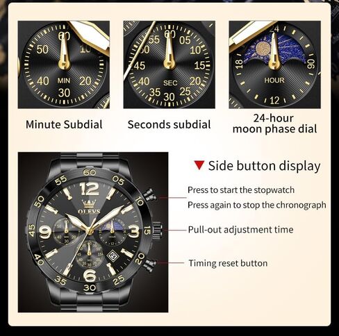 OLEVS Watch Men Luxury Big Wrist Face Analog Quartz Mens Watches Stainless Steel Waterproof Luminous Date Dress Chronograph Moon Phase Relojes para Hombres in Saudi Arabia