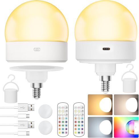 E12 Rechargeable Light Bulb with Remote Control Timer and 15 Colors Options,Battery Operated Light Bulbs,Magnetically,Dimmer,Wireless Puck Light Bulb for Wall Sconce,Non-Hardwired,Detachable,2 Pack in Kuwait