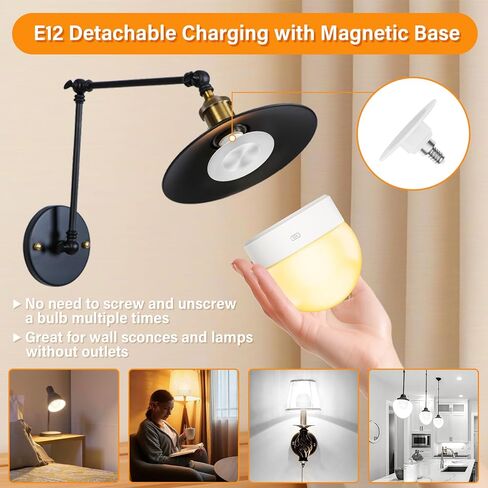 E12 Rechargeable Light Bulb with Remote Control Timer and 15 Colors Options,Battery Operated Light Bulbs,Magnetically,Dimmer,Wireless Puck Light Bulb for Wall Sconce,Non-Hardwired,Detachable,2 Pack in Kuwait