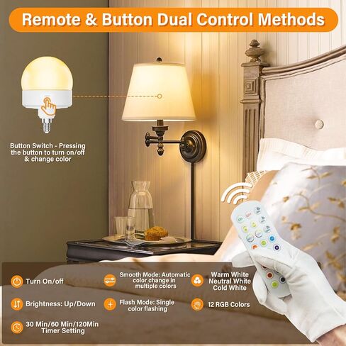 E12 Rechargeable Light Bulb with Remote Control Timer and 15 Colors Options,Battery Operated Light Bulbs,Magnetically,Dimmer,Wireless Puck Light Bulb for Wall Sconce,Non-Hardwired,Detachable,2 Pack in Kuwait