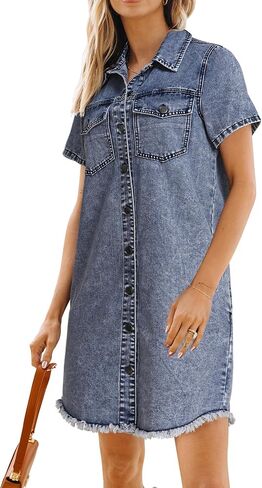 luvamia Denim Dresses for Women Distressed Summer Short Sleeve Button Down Collared Raw Hem Jean Shirt Dress with Pocket in Saudi Arabia