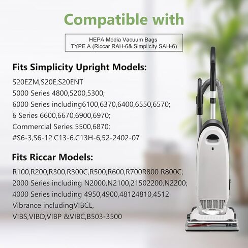 10 عبوات من أكياس مكنسة HEPA من النوع A بديلة لمكنسات Riccar المستقيمة 2000 4000 R100 R200 R300 R300C R500 R600 R700 R800 R800C 5000 6000، الجزء RAH-6/SAH-6 in Kuwait