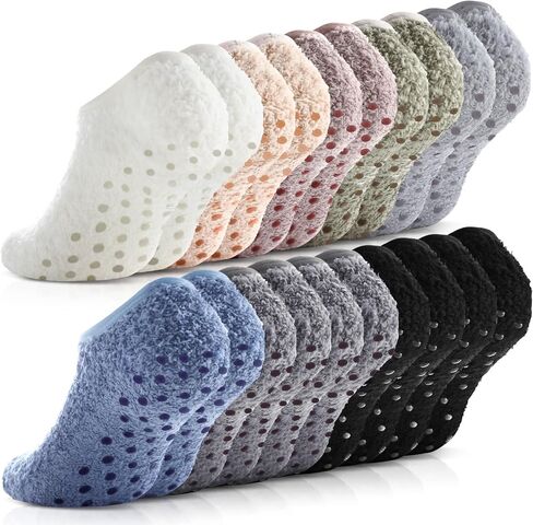Foaincore 10 Pairs Cozy Winter Fuzzy Women Socks Fluffy Grip Slippers Non Skid Soft Winter Slipper Socks with Grippers for Women Adult House Home Yoga Hospital Christmas Gifts, Multicolored, One Size in Kuwait