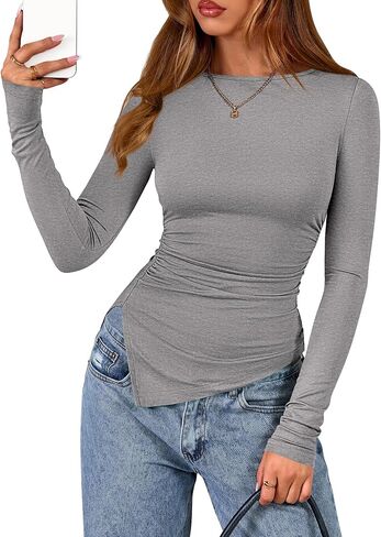 BTFBM Asymmetrical Tops for Women Long Sleeve Shirts Fall 2025 Crewneck Ruched Slit Fitted Basic Tees Going Out Top in Saudi Arabia