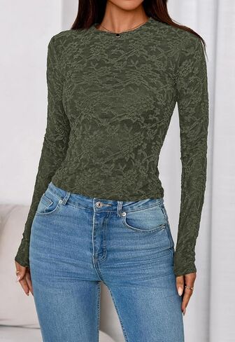 Prettygarden نساء 2025 خريف الأكمام طويلة الدانتيل tirts crewneck silm fit in Saudi Arabia