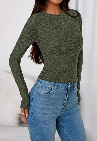 Prettygarden نساء 2025 خريف الأكمام طويلة الدانتيل tirts crewneck silm fit in Saudi Arabia