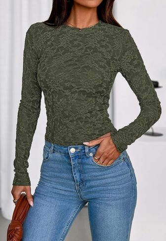 Prettygarden نساء 2025 خريف الأكمام طويلة الدانتيل tirts crewneck silm fit in Saudi Arabia