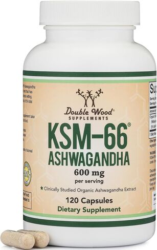 مكملات الخشب المزدوج Ashwagandha KSM 66 مستخلص عضوي ومدروس سريريًا (600 ملغ لكل وجبة ، 120 كبسولة ، 60 حصصًا) مدير كورتيزول Adaptogen للنساء والرجال in Saudi Arabia