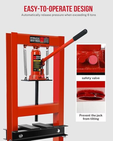 6 Ton Hydraulic Shop Press, Heavy Duty H Frame Garage Floor Press with Steel Plates, 4 Hole Adjustable Bed, Floor-Standing for Metal/Bearing Repair, Red in Kuwait